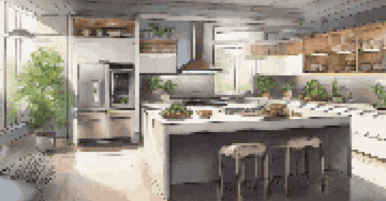 A futuristic kitchen with smart appliances, eco-friendly materials, and plants, illuminated by ambient and task lighting.