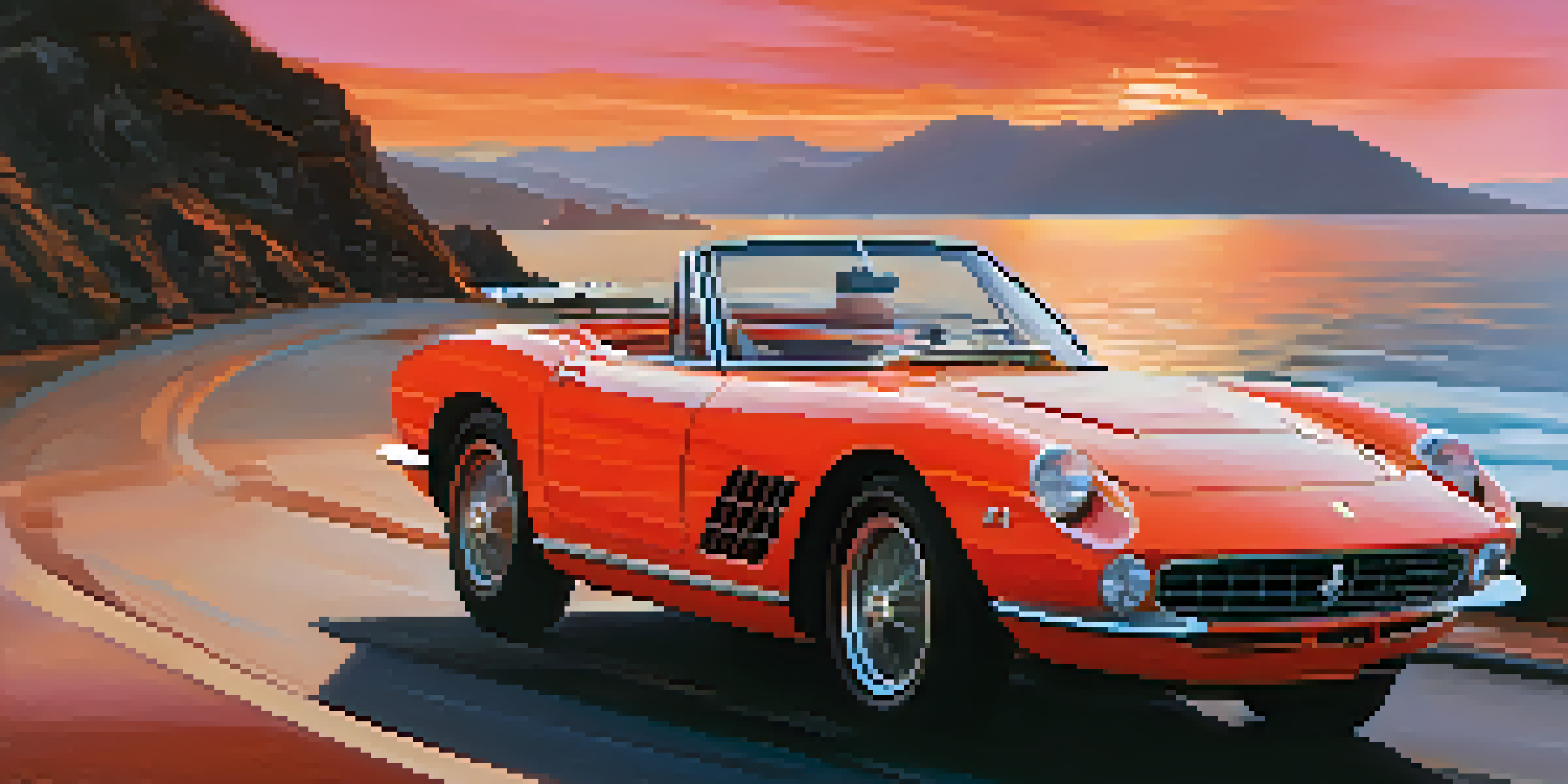 A red Ferrari driving on a scenic coastal road during sunset, with colorful sky reflections on the car.