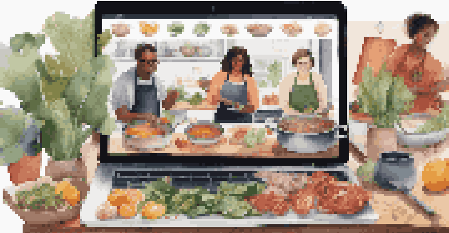 A virtual cooking class on a laptop screen with diverse participants sharing recipes and colorful ingredients in the foreground.