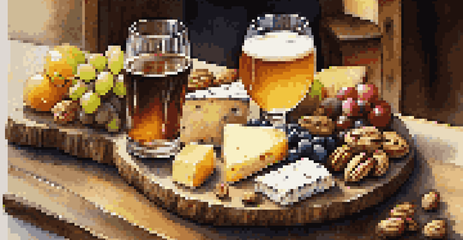 An elegant artisan cheese platter featuring various cheeses, nuts, and fruits, paired with local craft beer and wine, set in a cozy dining atmosphere with candlelight.