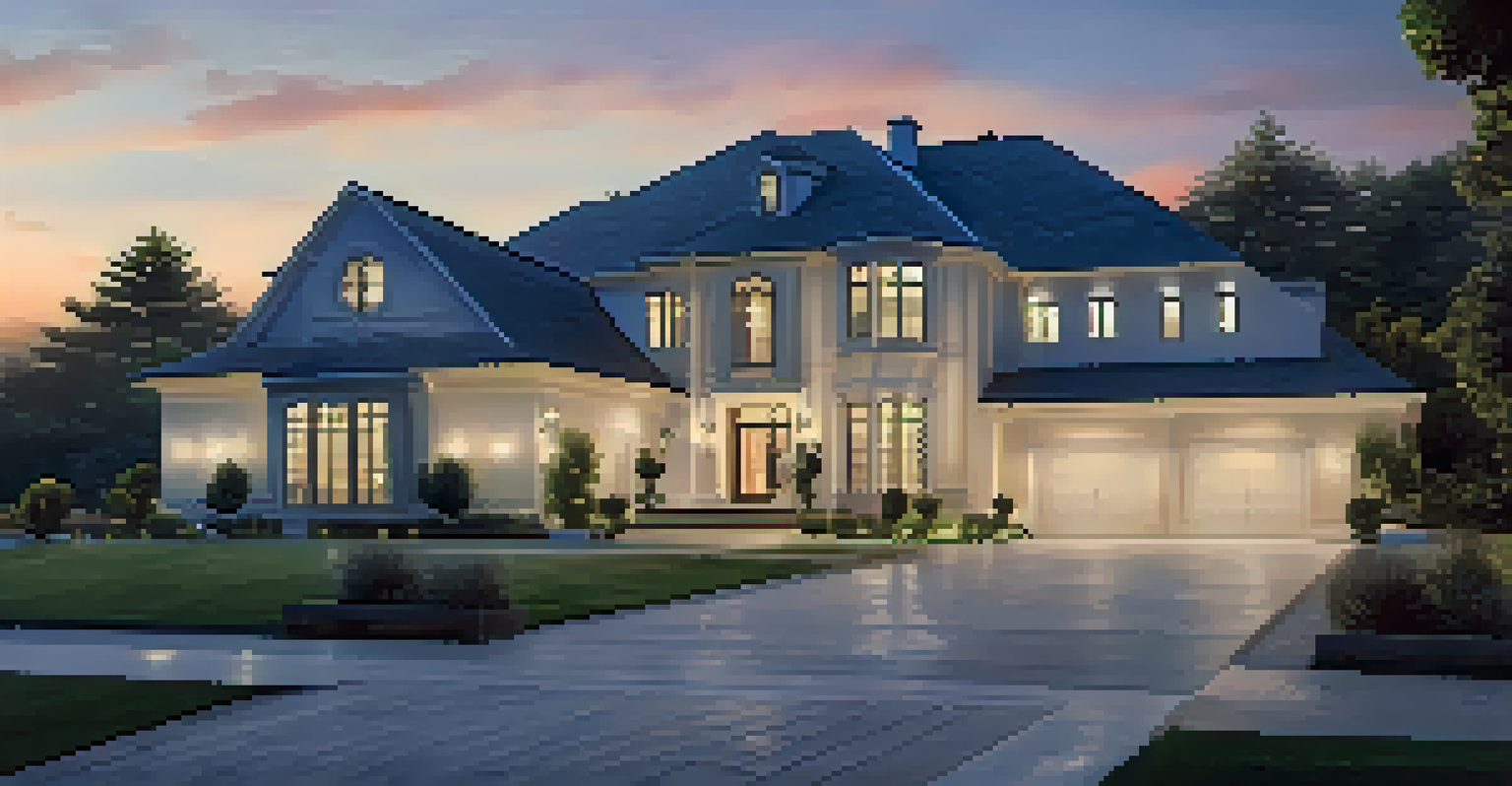 A luxury home at dusk with smart security cameras and illuminated outdoor lighting.