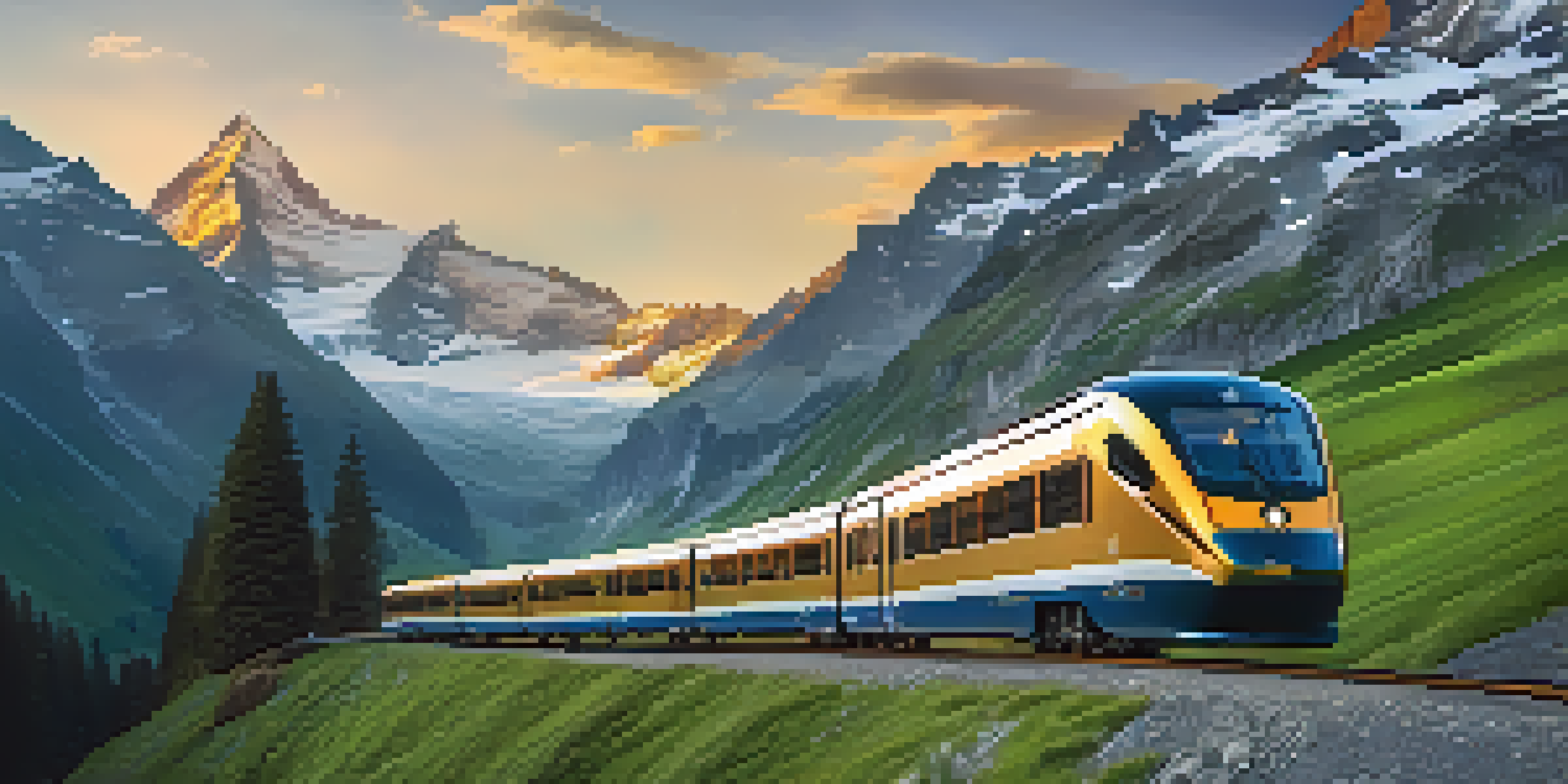 A luxurious train traveling through the Swiss Alps at sunset, with panoramic windows showing the mountain landscape.