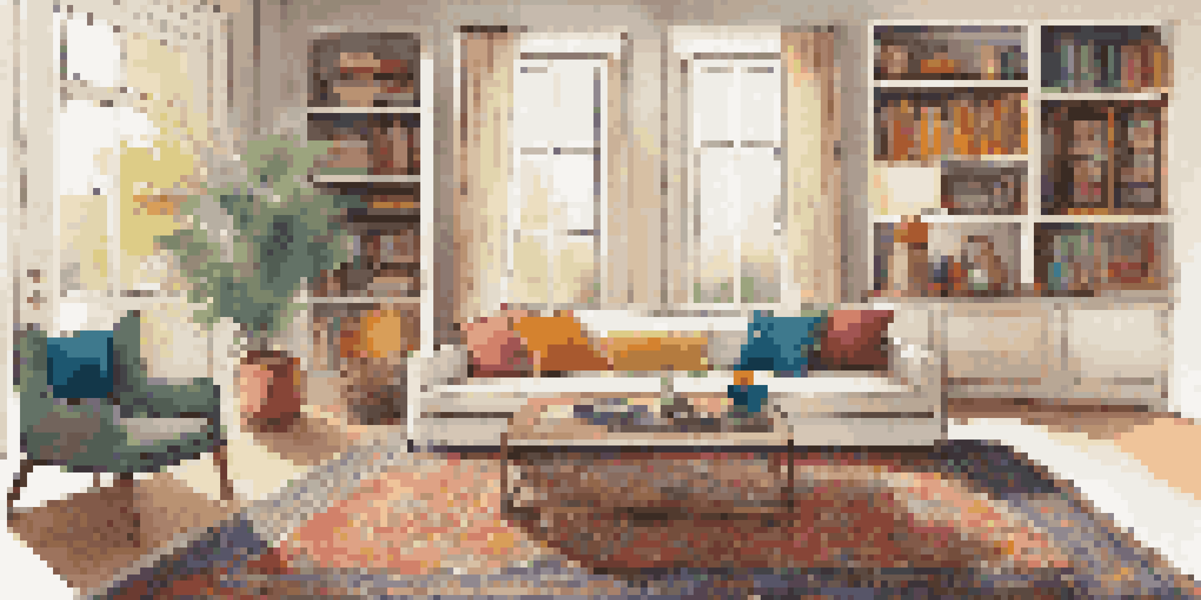 A modern living room with a sleek sofa, vibrant throw blanket, and a patterned Persian rug, illuminated by warm lighting.
