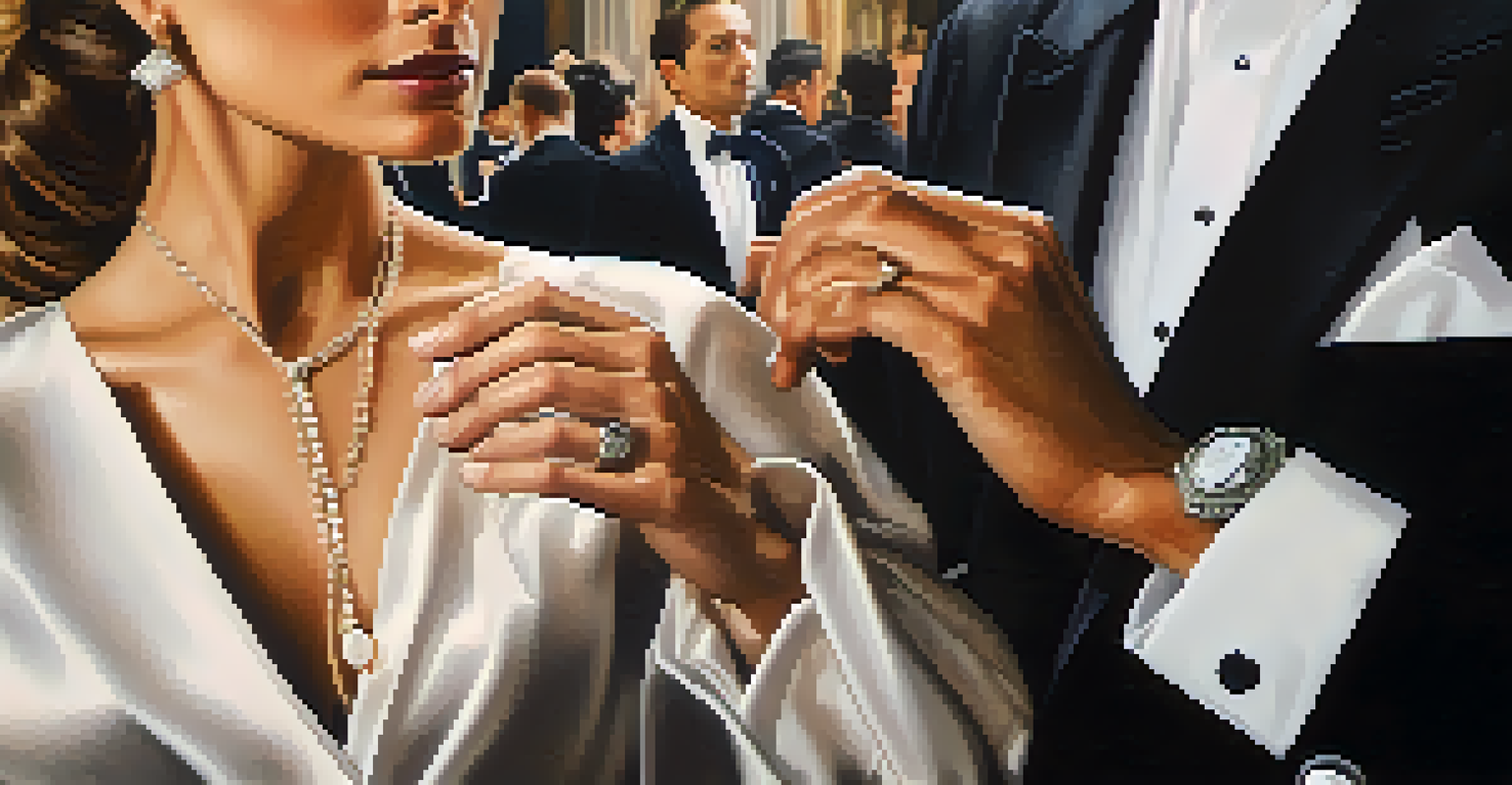 A close-up of a person's hand adjusting cufflinks, with a blurred luxury event in the background.
