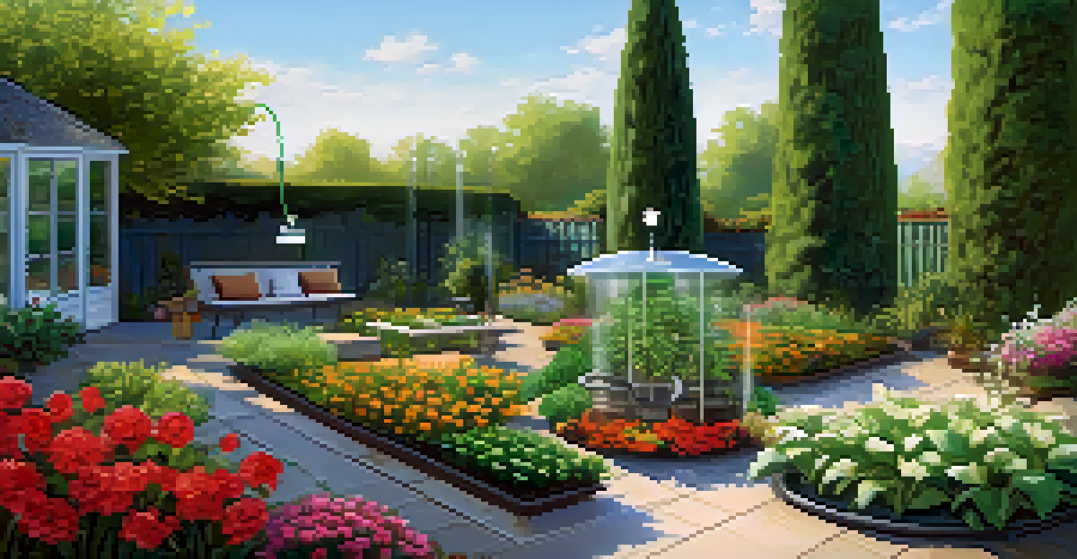 A vibrant garden with an automated irrigation system and a smartphone app, showcasing healthy plants under a clear sky.
