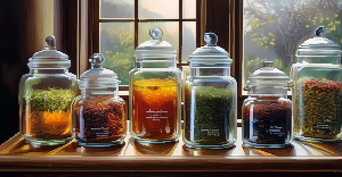 An assortment of colorful artisan tea blends in clear glass jars on a wooden table, with a vintage scale nearby.