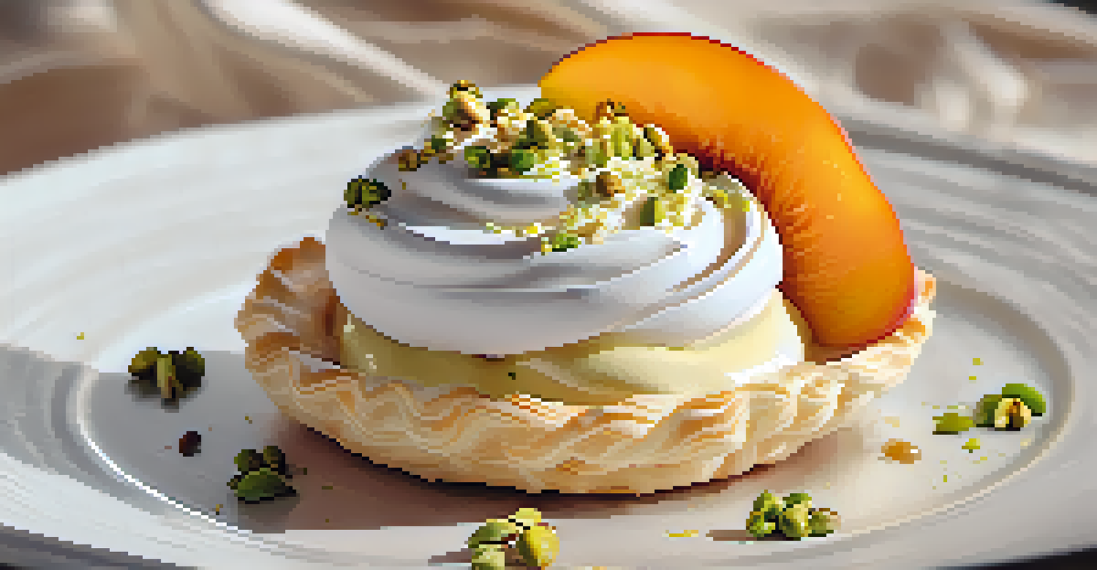 A close-up of a meringue nest filled with vanilla pastry cream and topped with caramelized peaches and crushed pistachios, illuminated by soft light.