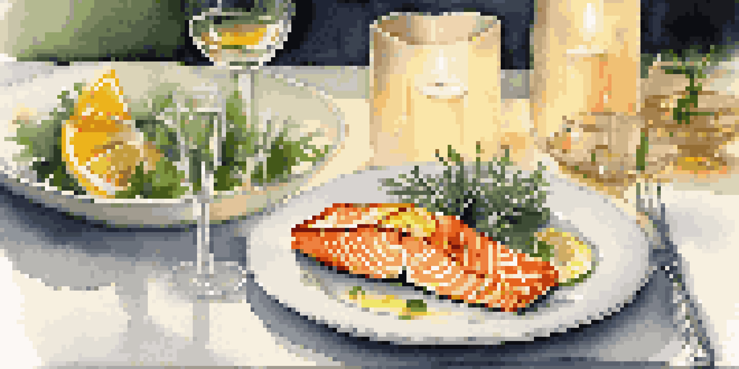 A gourmet dinner table with seared salmon and a glass of Sauvignon Blanc, illuminated by candlelight.