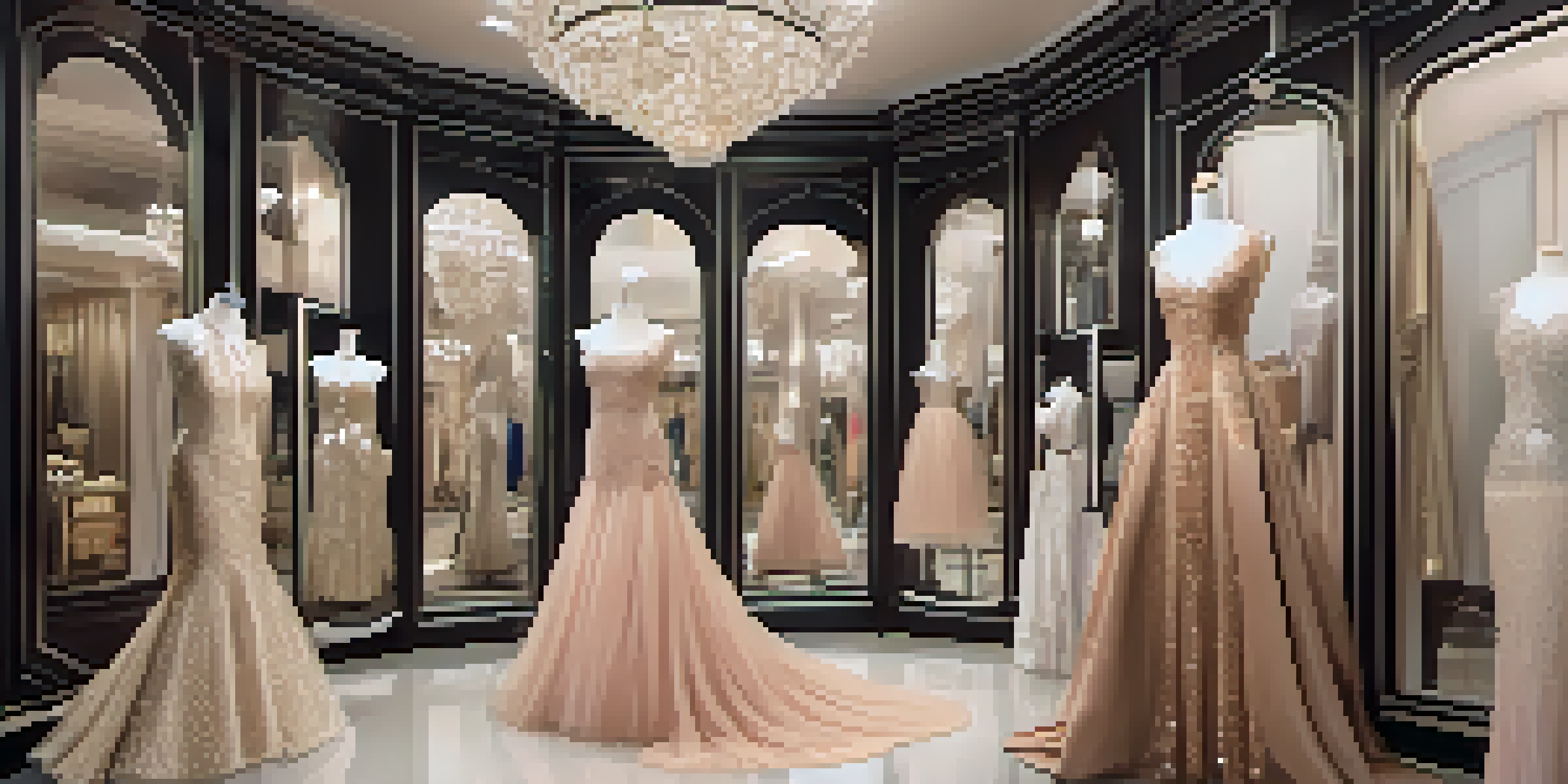 An elegant fashion rental boutique filled with a variety of luxurious dresses and accessories, featuring warm lighting and stylish decor.