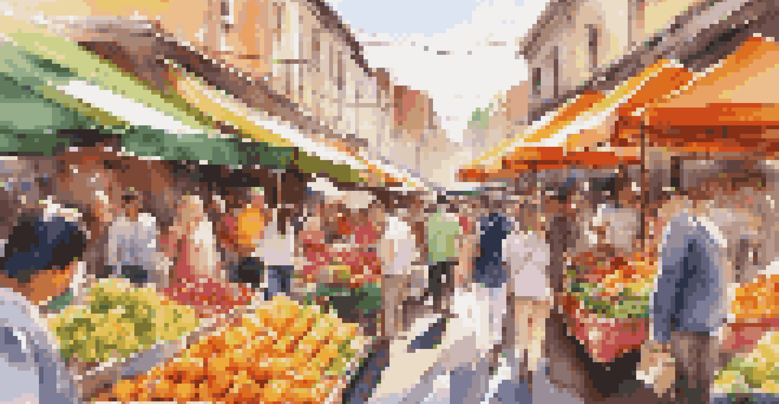 A close-up of a luxury smartphone lens attachment capturing a vibrant street market, filled with colorful fruits and flowers.