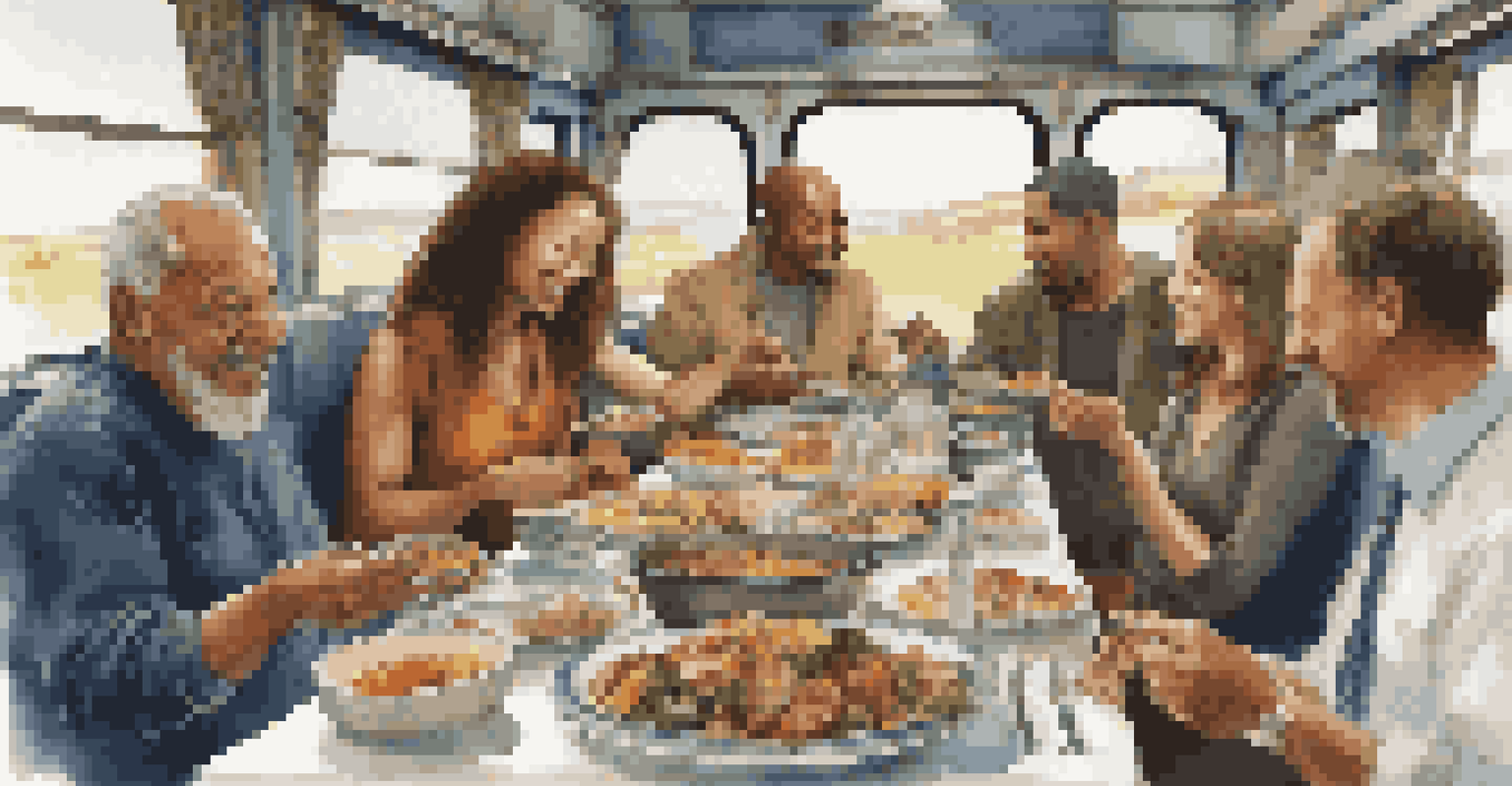 A diverse group of travelers enjoying a communal meal on a train, with scenic views outside the windows.