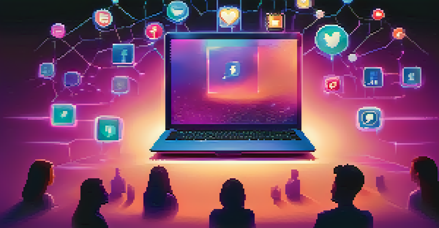 A vibrant digital screen displaying social media icons against a colorful gradient background.