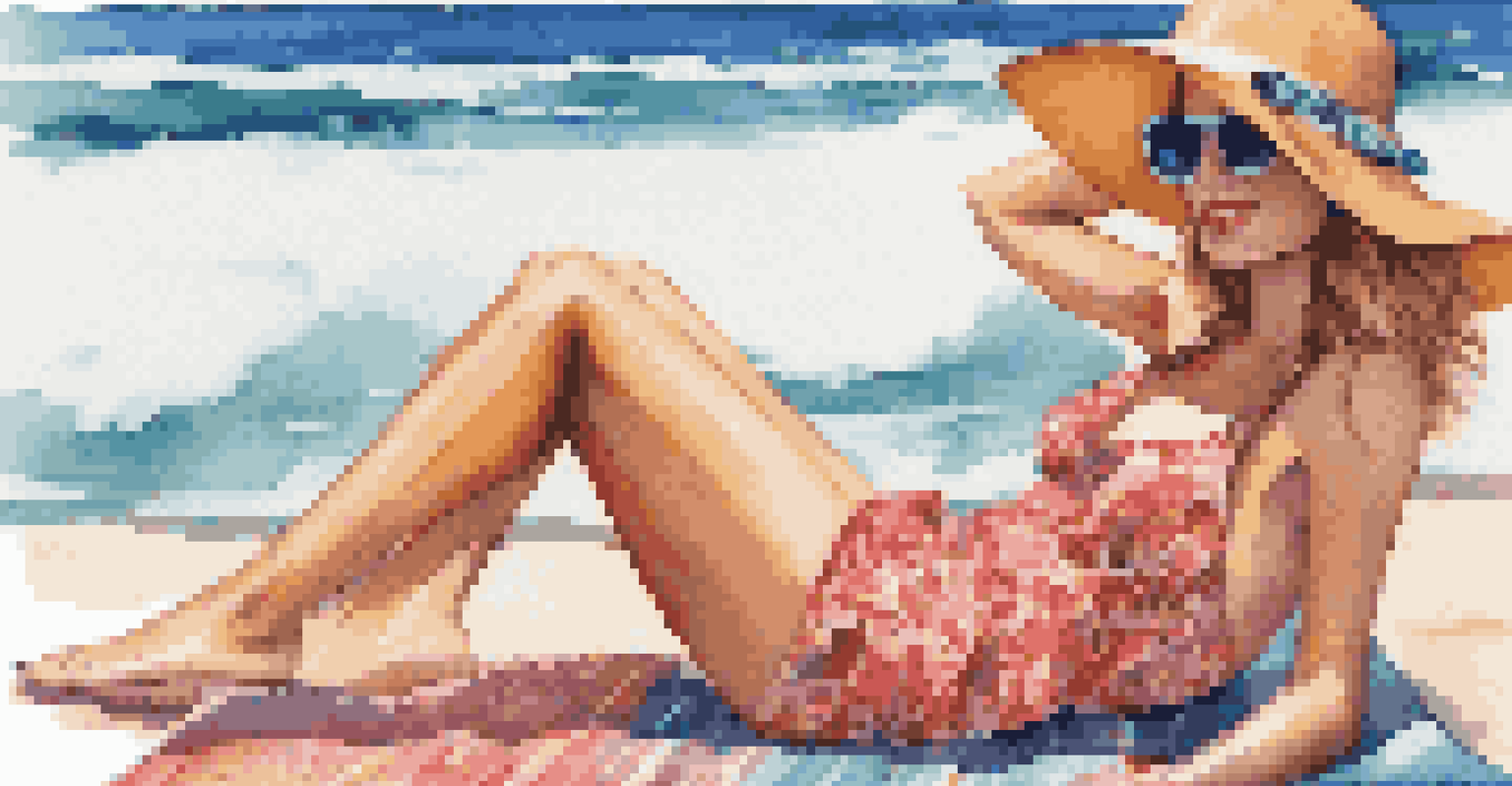 A woman with beachy waves in her hair, wearing a colorful sundress and sunglasses, relaxing on a beach with the ocean in the background.