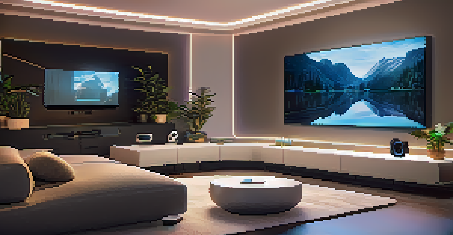 A modern living room with a VR headset and controllers on a coffee table, displaying a virtual landscape on a large screen, creating an inviting gaming atmosphere.