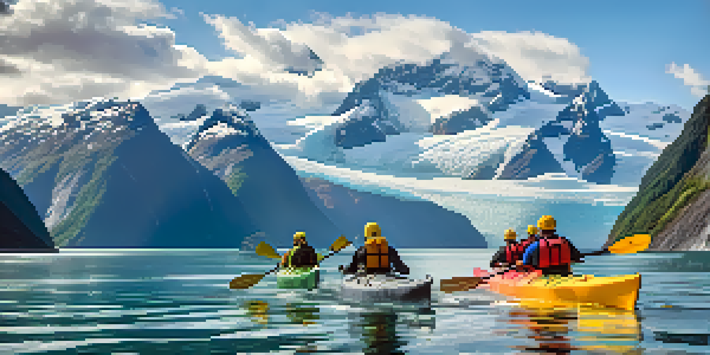 A luxurious cruise ship in Alaska's fjords with kayakers in the foreground and glaciers in the background under a bright blue sky.
