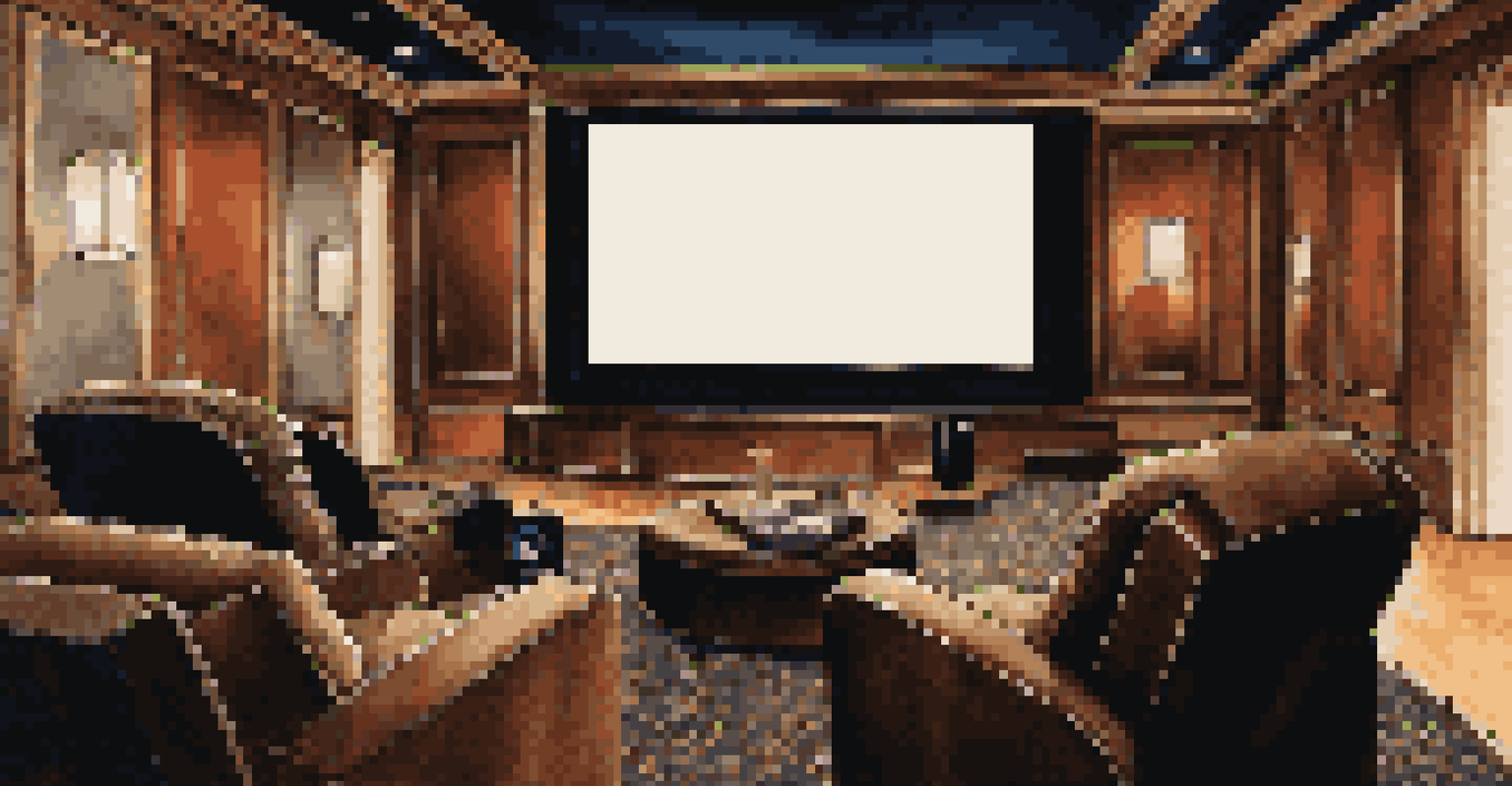 An elegant home theater with a high-end projector, large screen, and comfortable recliners in a darkened room.