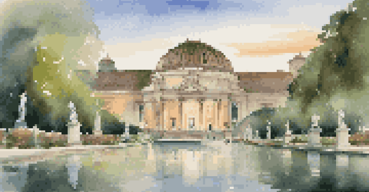 A famous museum illuminated at dusk, surrounded by gardens and a reflecting water feature.