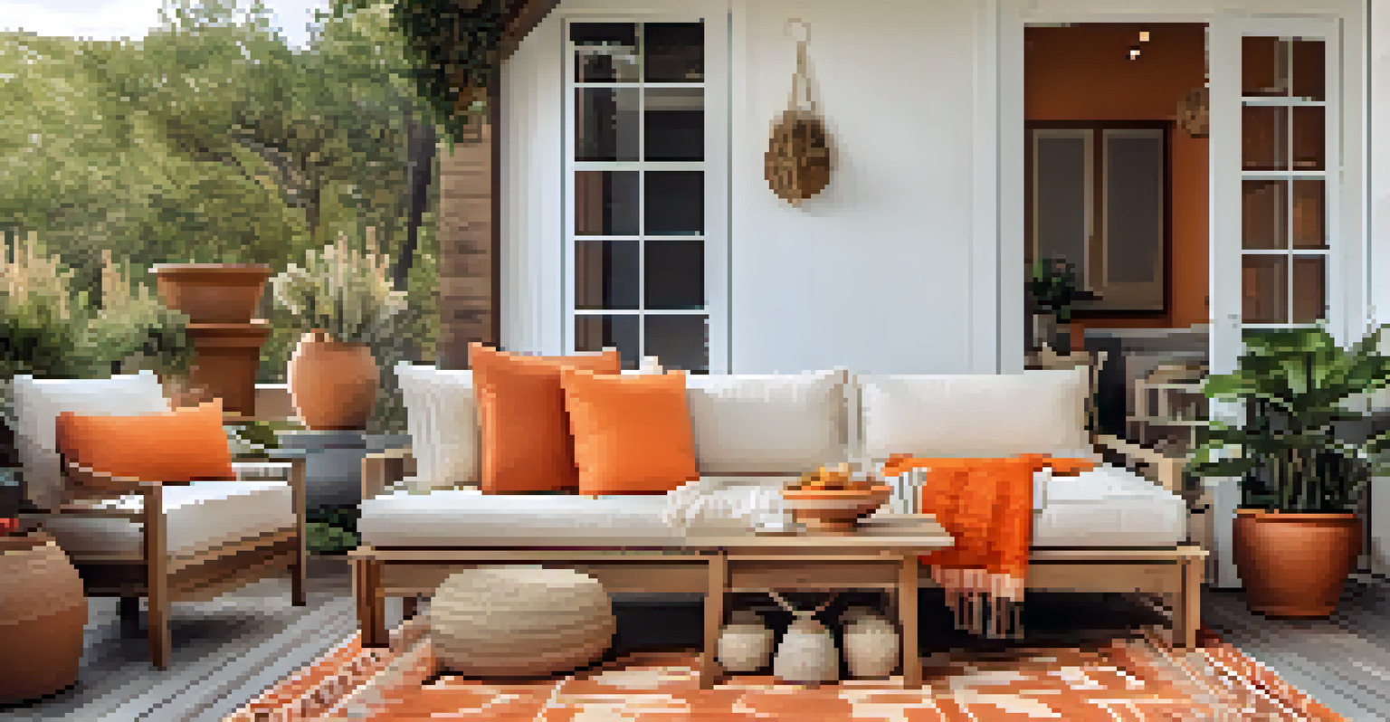An inviting outdoor patio with earthy tones and vibrant accents, showcasing colorful pillows and layered textures.