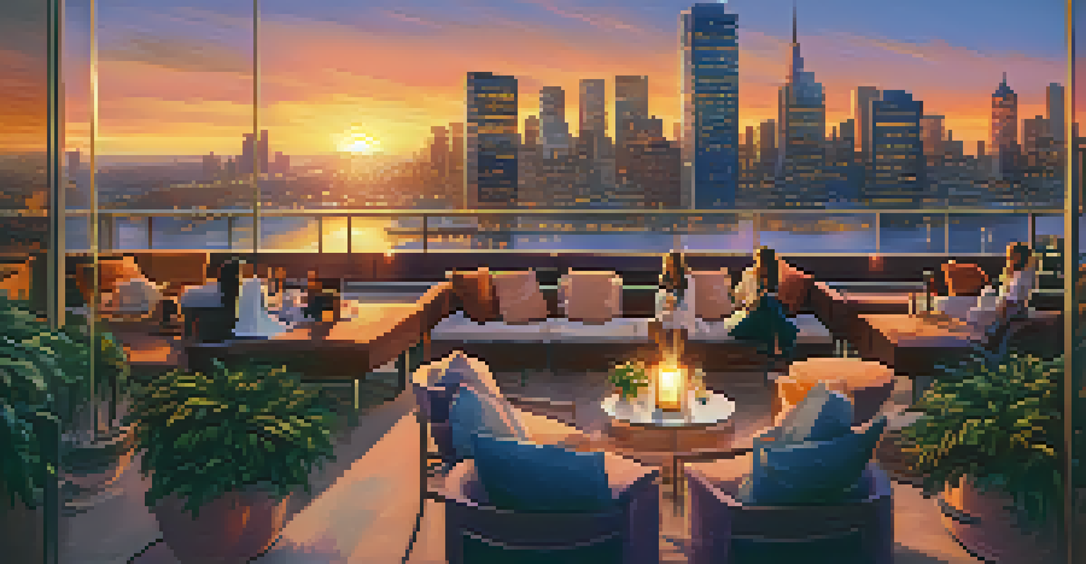 A rooftop venue with guests enjoying the sunset view over a city skyline, engaging in conversations.