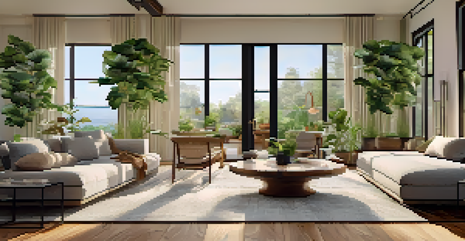 A stylish living room with bamboo flooring and large windows, filled with natural light and indoor plants.
