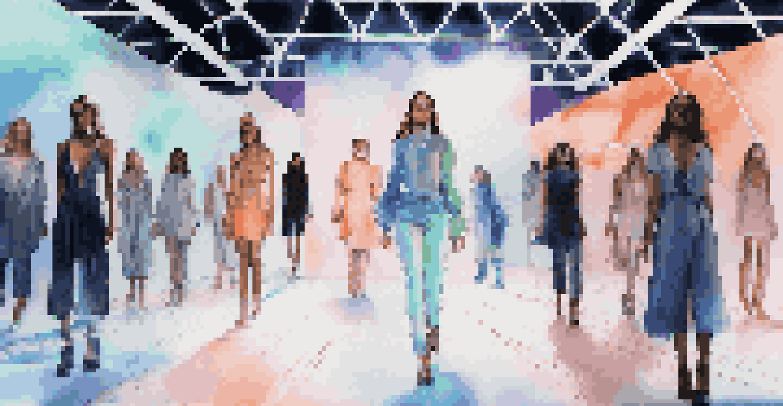 A futuristic fashion show with models on a runway and holographic designs surrounding them.