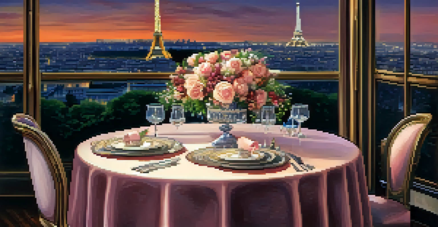 A romantic dining table set for two with a view of the Eiffel Tower at night, decorated with flowers and candles.