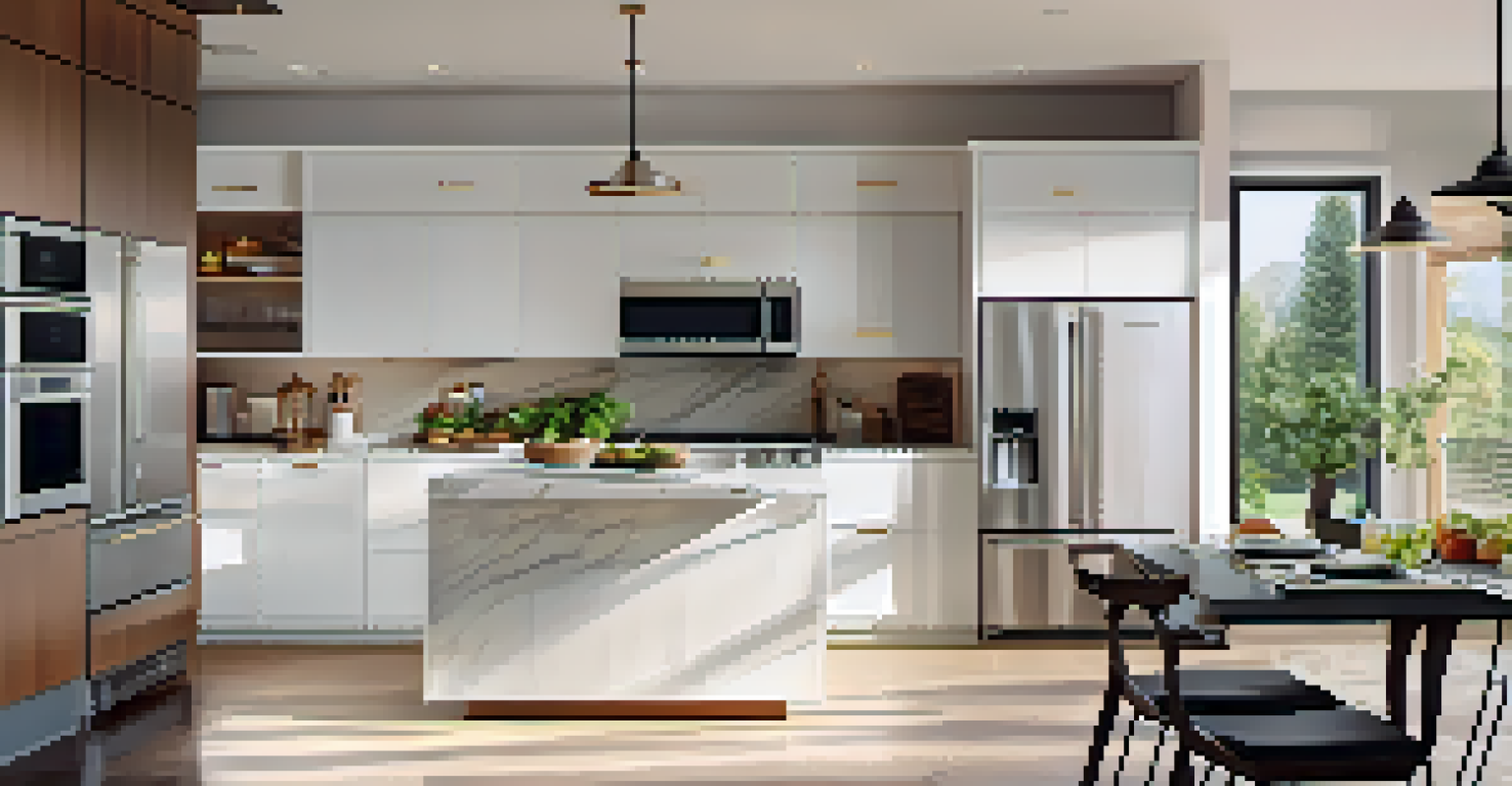 A stylish modern kitchen with advanced appliances and bright sunlight pouring in through large windows.