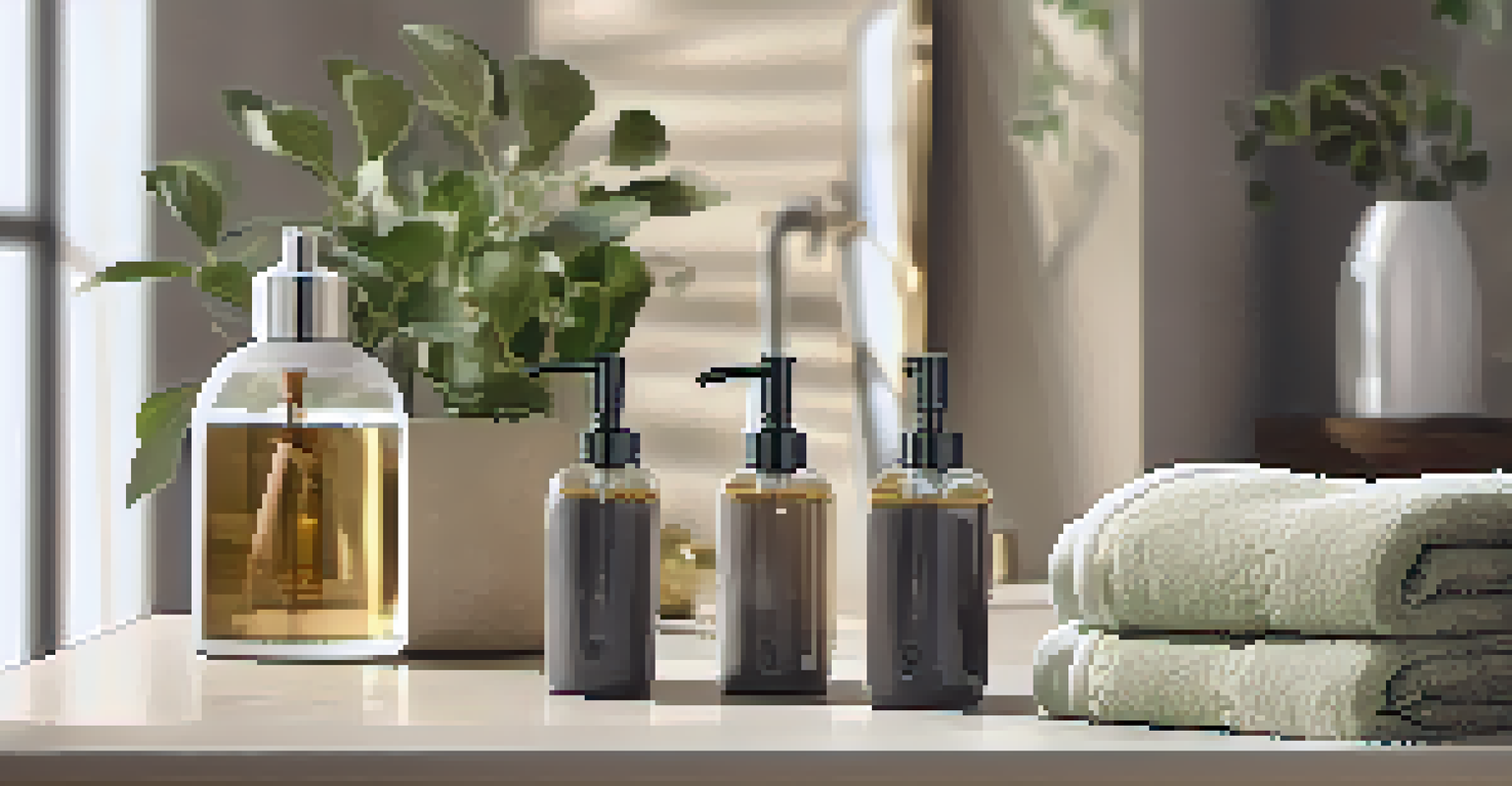 An elegant bathroom scene with a luxurious soap dispenser, soft towels, and a diffuser, all in a serene and softly lit setting.