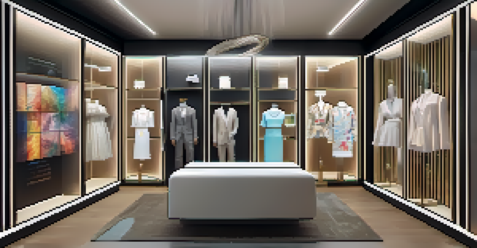 A modern virtual reality fitting room with a customer customizing luxury clothing using a VR headset and holographic interface.