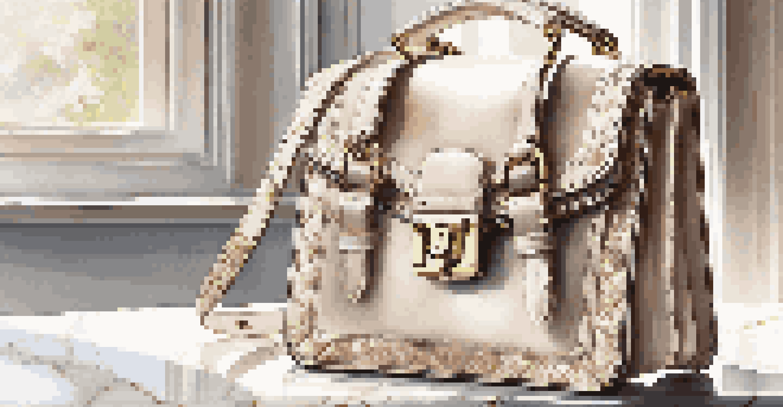 A close-up of a designer handbag on a marble table, featuring intricate stitching and hardware, illuminated by natural sunlight.
