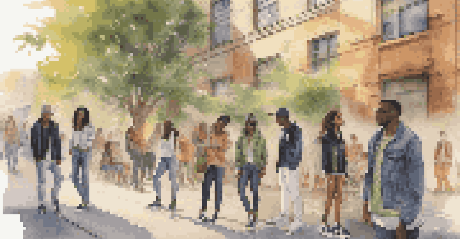 Young adults in an urban setting mixing high-fashion and casual clothing, surrounded by graffiti art and greenery under warm sunlight.