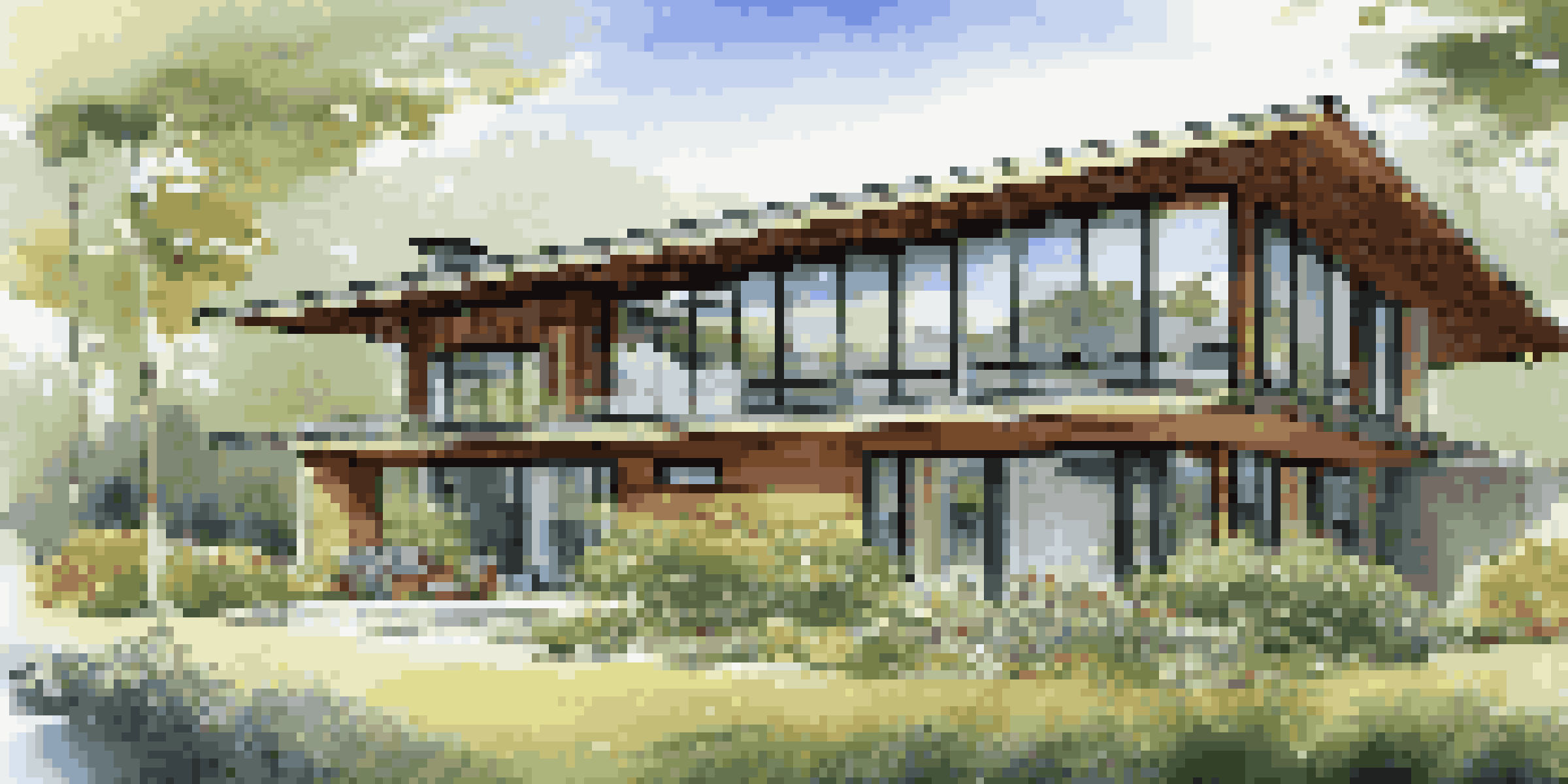 A modern eco-friendly luxury home amidst greenery, showcasing solar panels and natural materials.