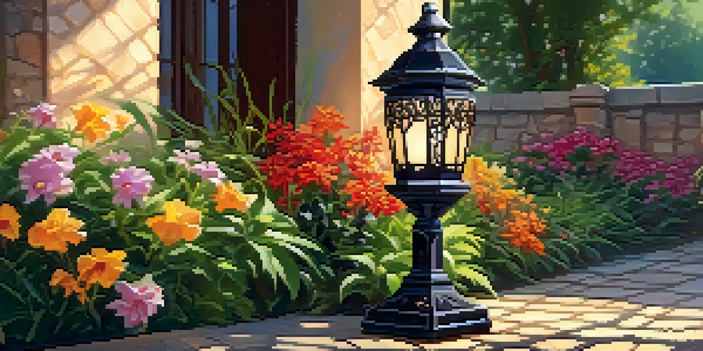 A close-up of a glowing wrought iron lantern surrounded by flowers and greenery.