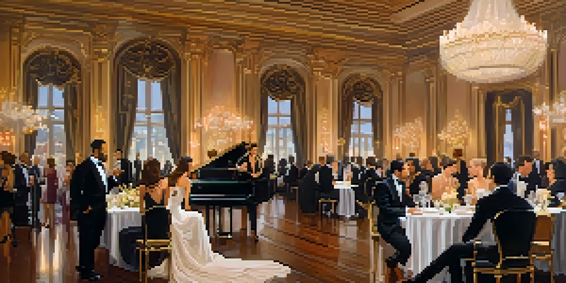 A luxurious networking event with elegantly dressed people conversing in a grand ballroom, adorned with chandeliers and floral arrangements.