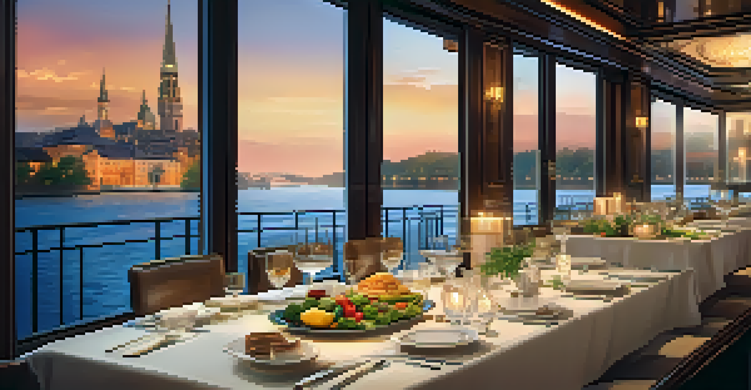 A dining table on a river cruise showcasing gourmet dishes made from local ingredients, with river views and candlelight ambiance.