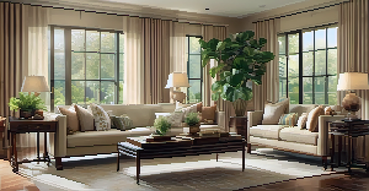 A cozy living room with beige walls, mahogany furniture, and large windows overlooking a garden.