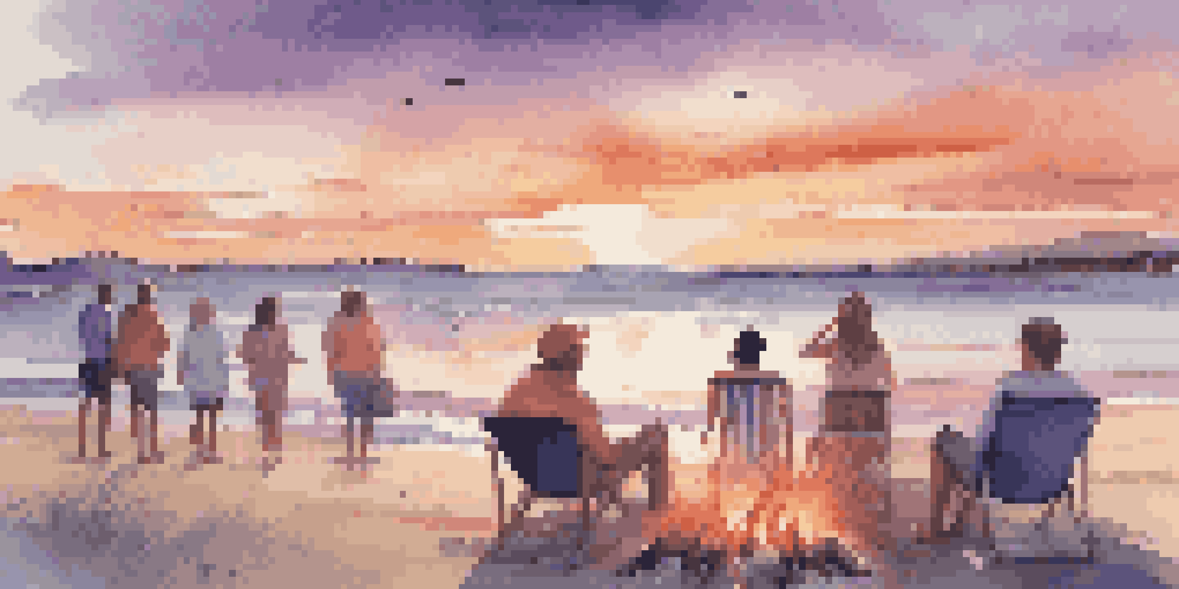 A group of friends enjoying a bonfire on a beach at sunset, with colorful skies and calm waves.