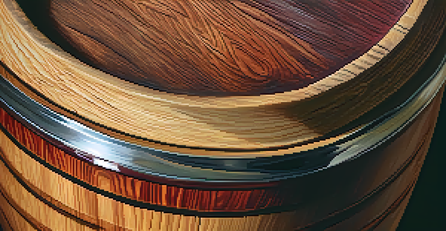 A close-up view of a toasted oak barrel filled with red wine, highlighting the texture and grain of the wood.