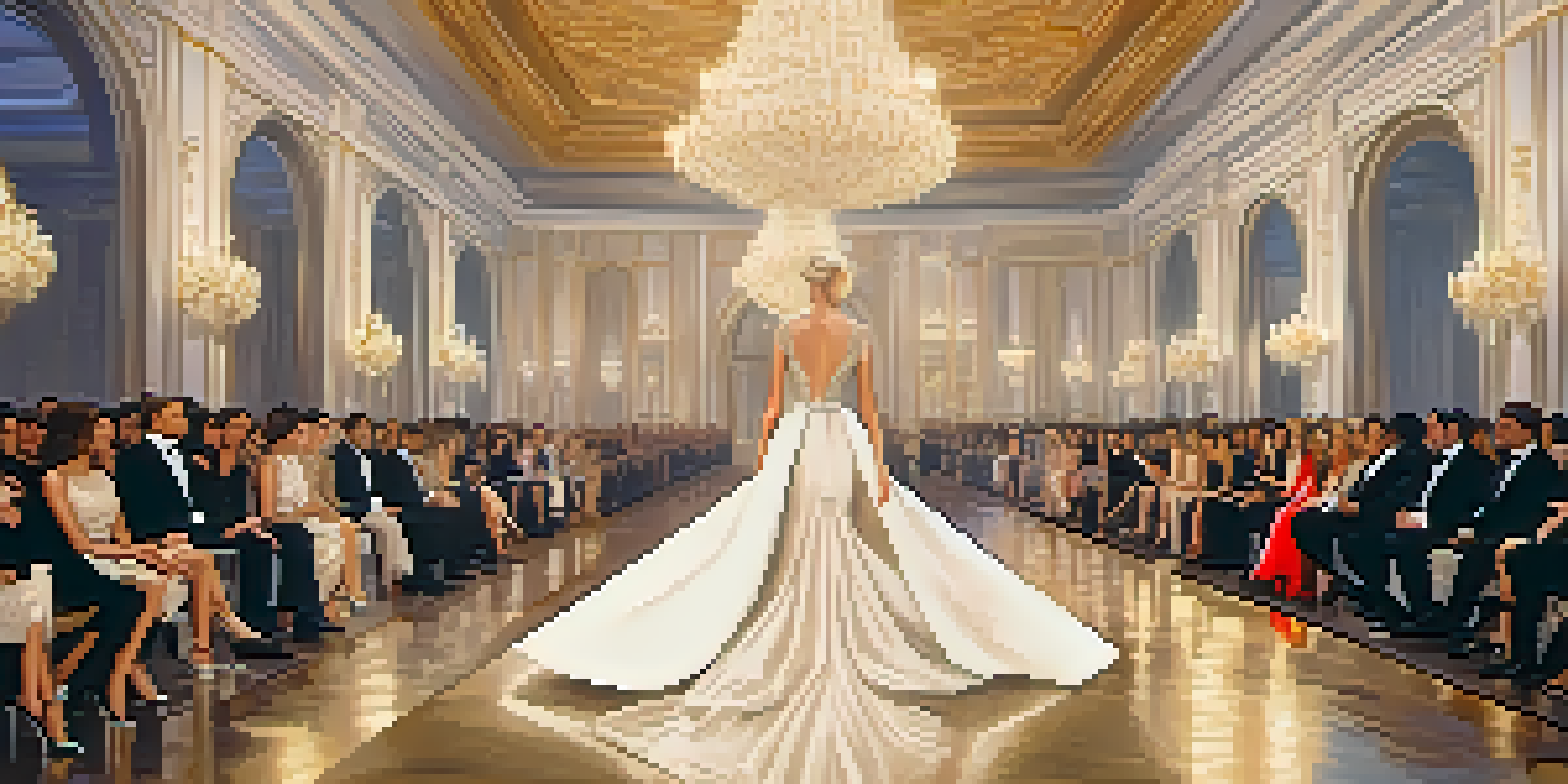 A fashion show with models walking on a runway in luxurious haute couture outfits, surrounded by an elegant audience and a grand venue.