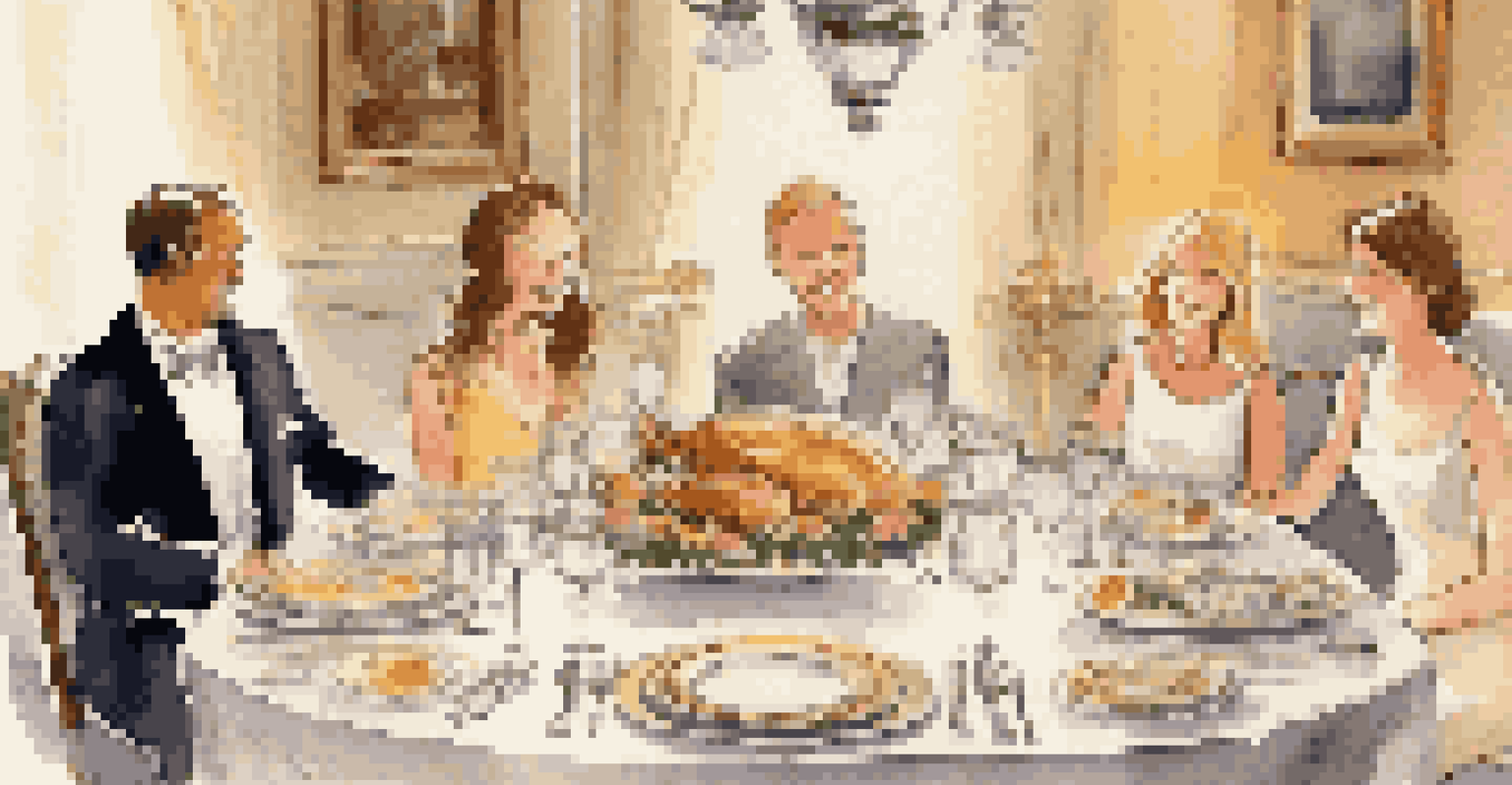 A beautifully arranged dinner table with a three-course meal and happy guests enjoying a dinner party.