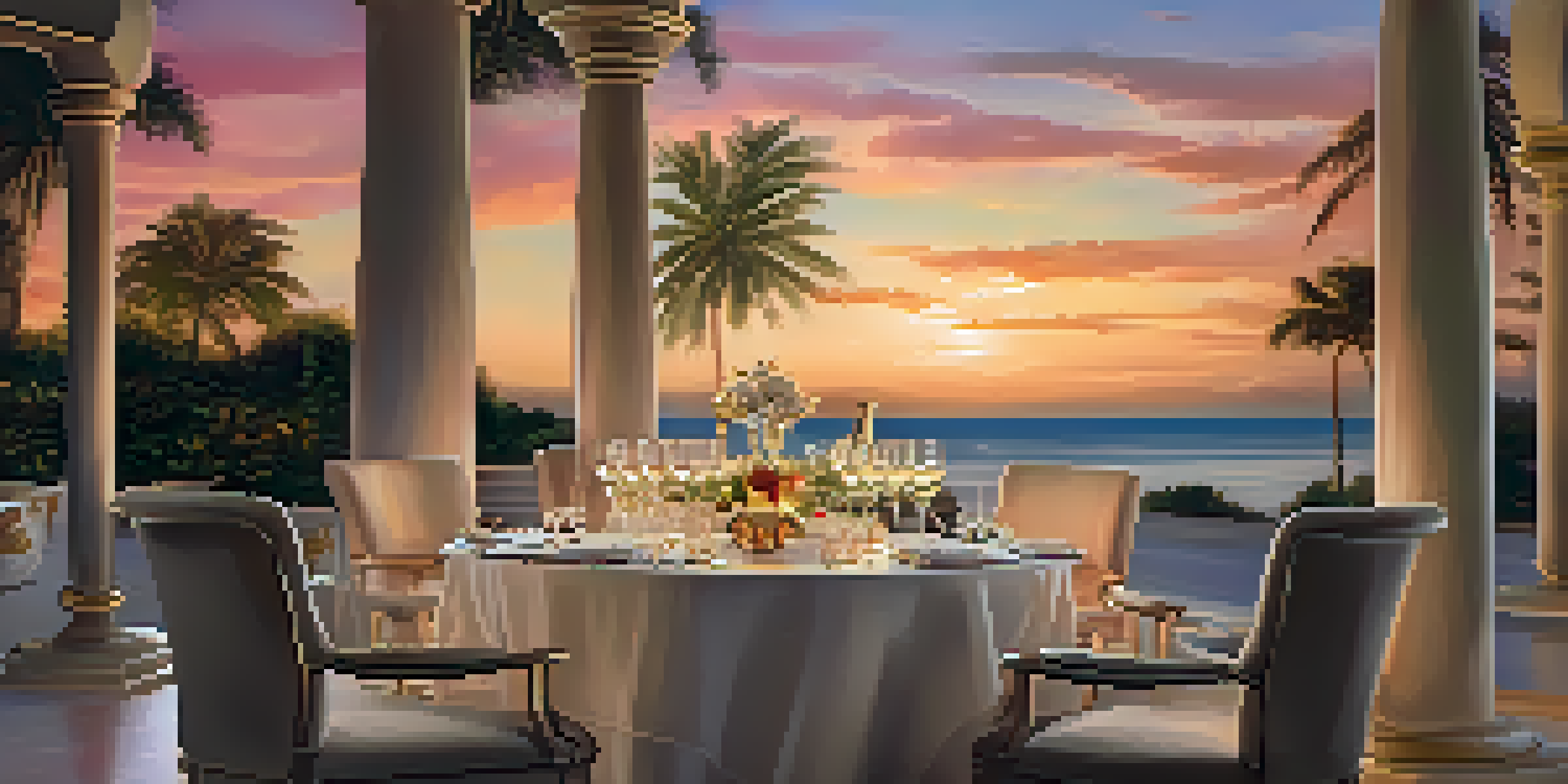 An elegant fine dining table set with gourmet dishes and crystal glassware, overlooking a beautiful sunset.