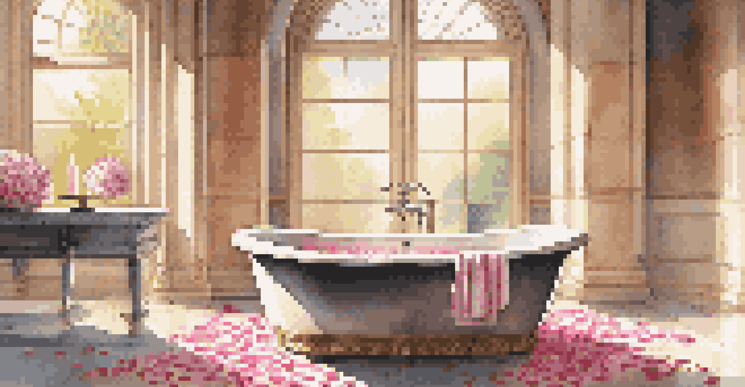 A luxurious spa scene with a marble bathtub filled with rose petals and soft candlelight.