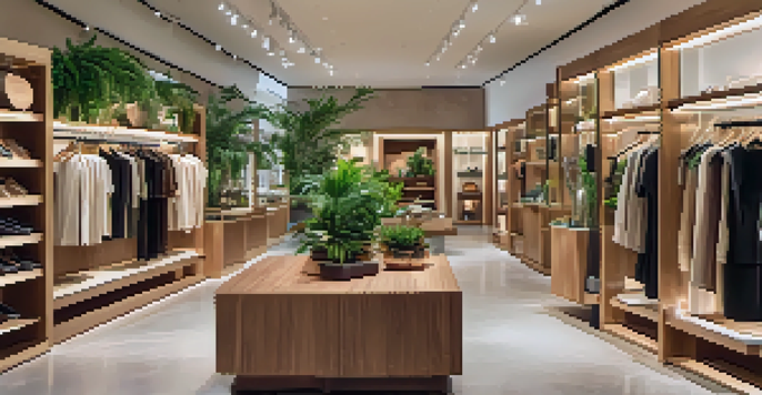 An elegant boutique interior that emphasizes sustainable luxury, featuring eco-friendly products and warm earth tones.