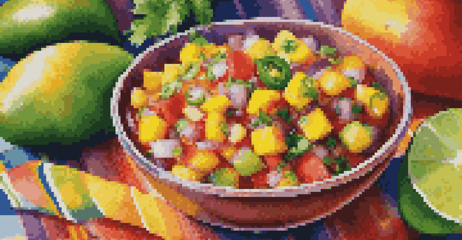 A close-up of a colorful fruit salsa made with mango and jalapeños, served in a glass bowl on a vibrant woven mat.