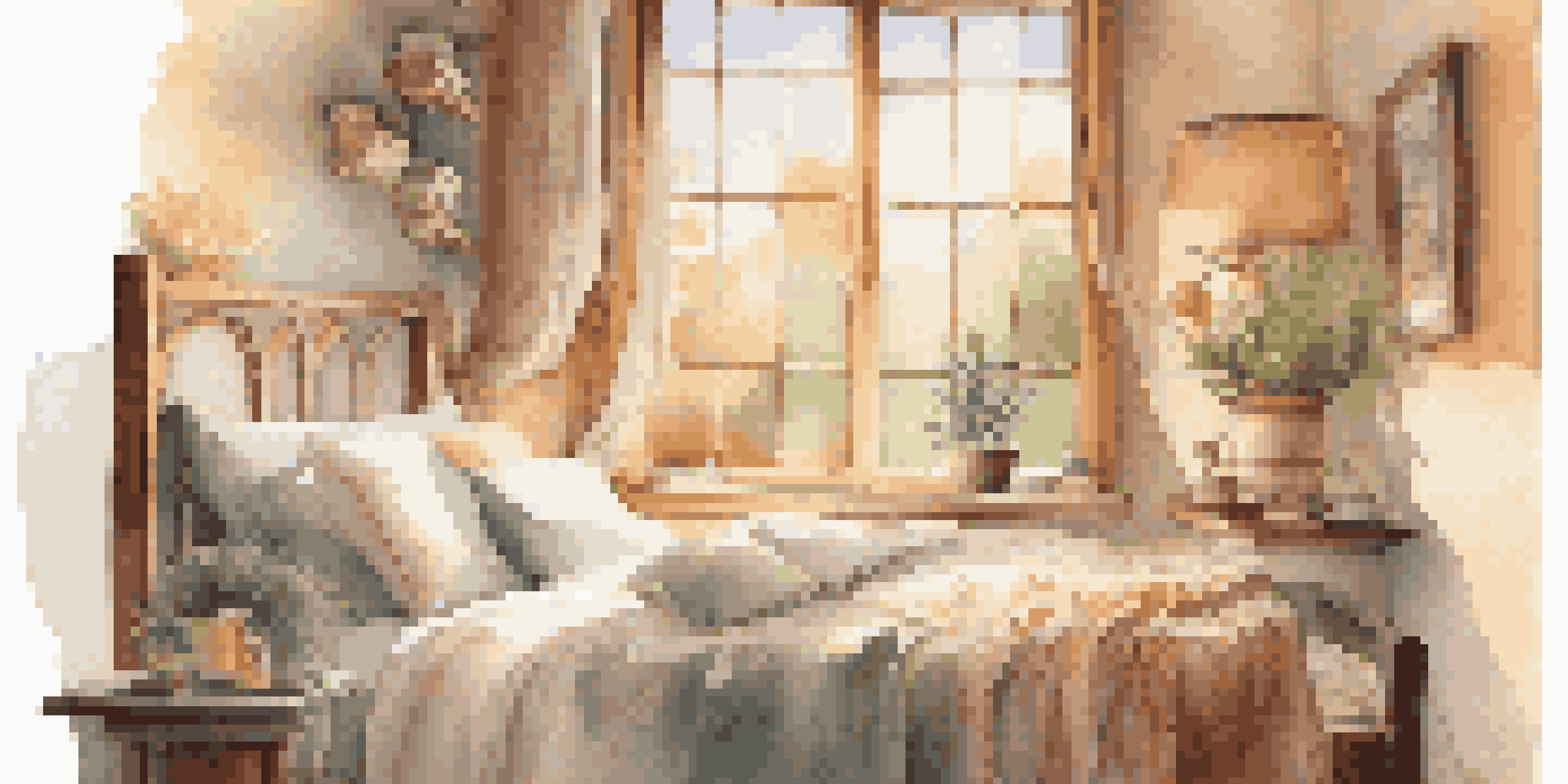 A cozy bedroom with soft sunlight, an open window, and a steaming cup of tea on a bedside table.