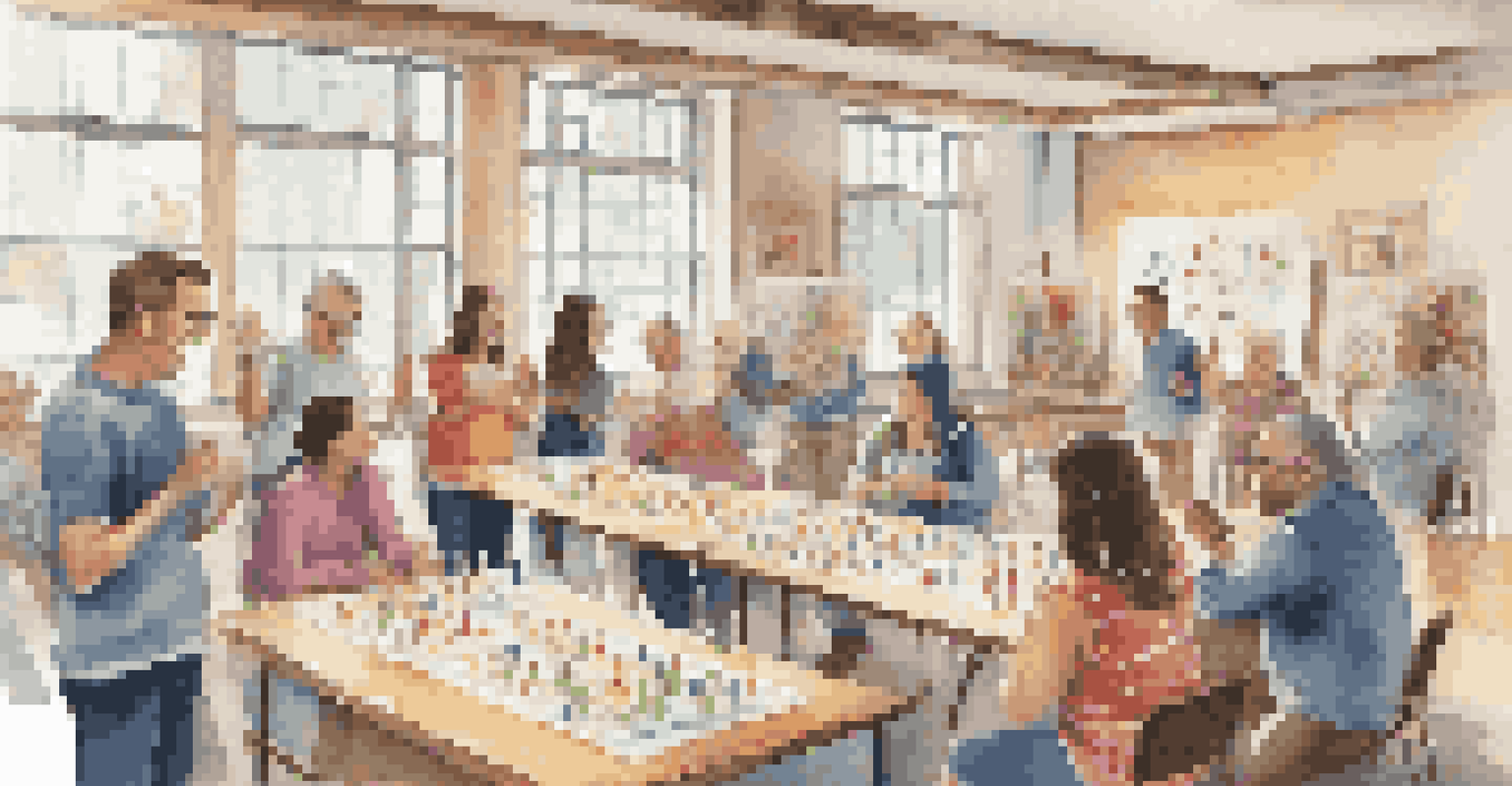 Participants engaging in an icebreaker activity in a well-lit room with local art.