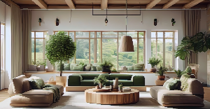A stylish living room adorned with sustainable furniture and natural light, showcasing a cozy sofa and artisan-crafted wooden table.