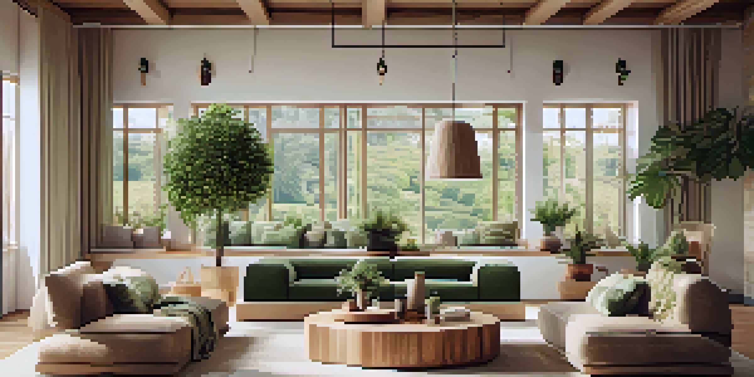 A stylish living room adorned with sustainable furniture and natural light, showcasing a cozy sofa and artisan-crafted wooden table.