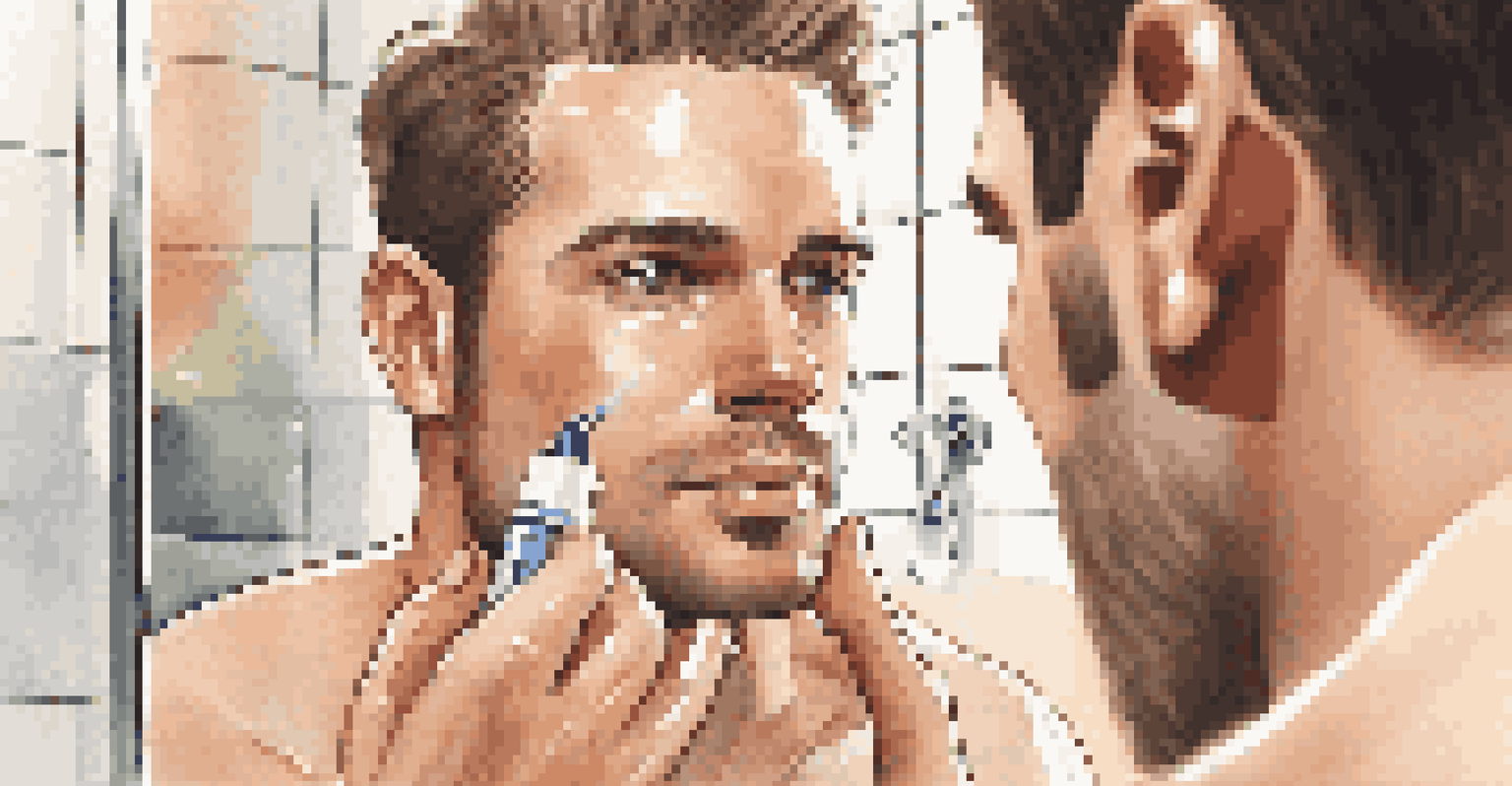 A man applying a hydrating serum to his face in a bathroom, showcasing his grooming routine.