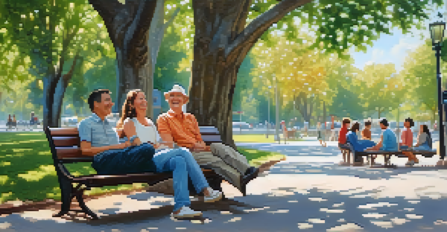 Travelers on a park bench sharing stories and laughter in a serene outdoor setting with sunlight and trees.